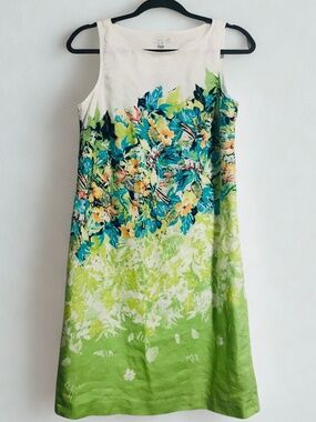 J Jill Love Linen Dress XS Floral Sleeveless A-Line Green White Summer Shift